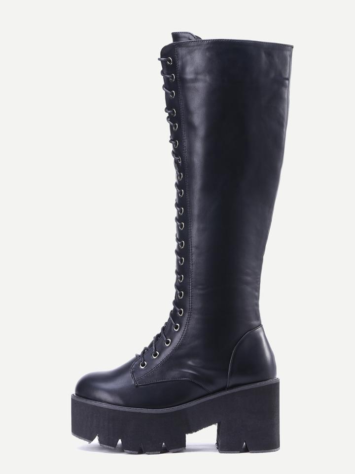 Shein Black Pu Lace Up Platform Knee High Boots