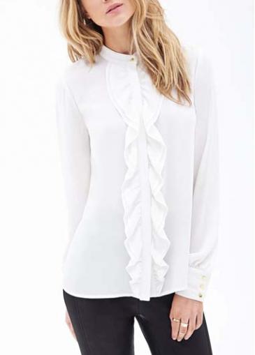 Rosewe Laconic Mandarin Collar Long Sleeve White Chiffon Shirt
