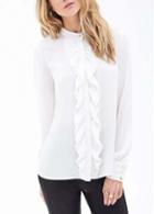 Rosewe Laconic Mandarin Collar Long Sleeve White Chiffon Shirt