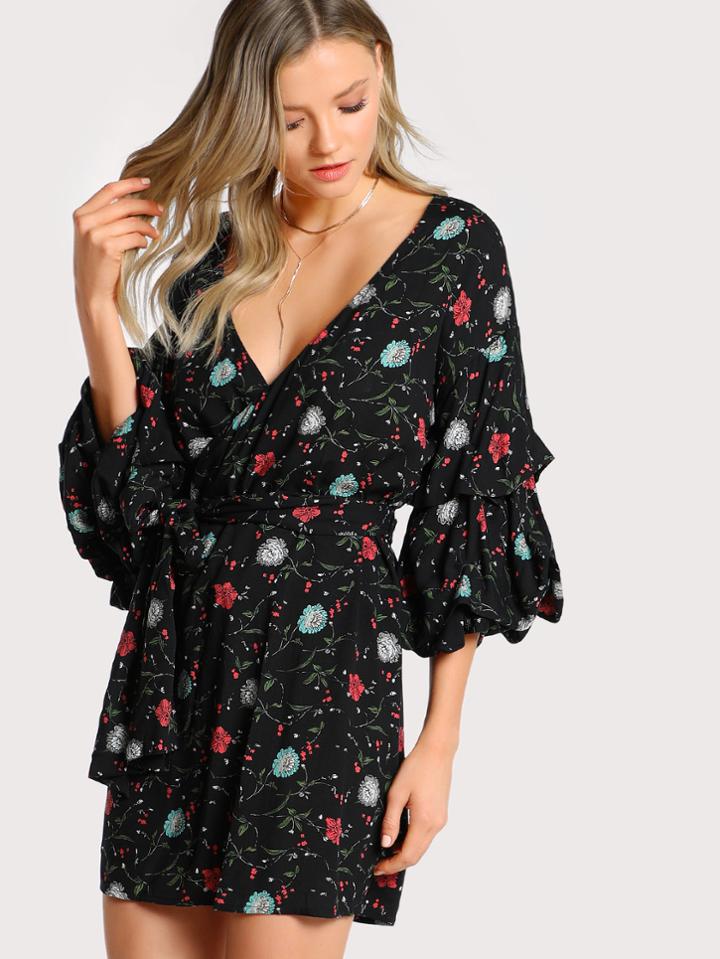 Shein Gathered Sleeve Surplice Wrap Dress