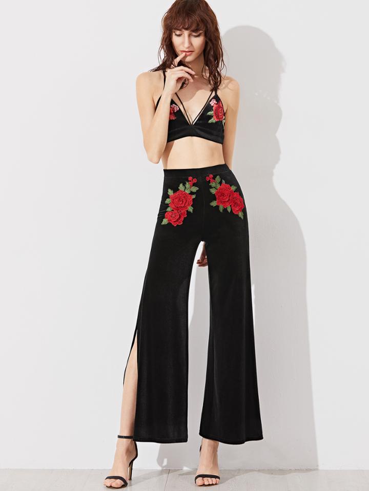 Shein Black Embroidered Rose Applique Slit Wide Leg Velvet Pants