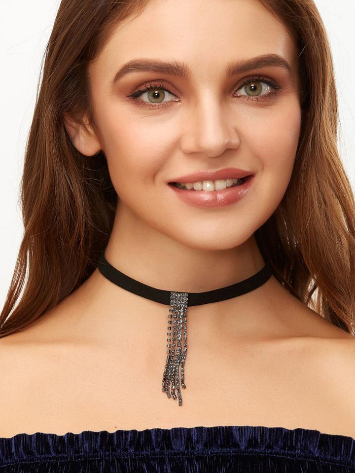 Shein Black Rhinestone Tassel Pendant Choker Necklace