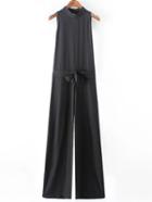 Shein Black High Neck Cutout Back Siamese Trousers With Belt