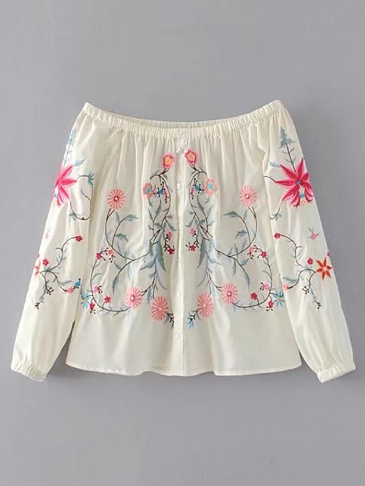 Shein Boat Neckline Flower Embroidery Top