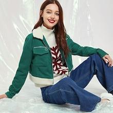 Shein Contrast Fleece Collar And Hem Corduroy Jacket