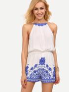 Shein Blue Print In White Cutout Sleeveless Jumpsuit