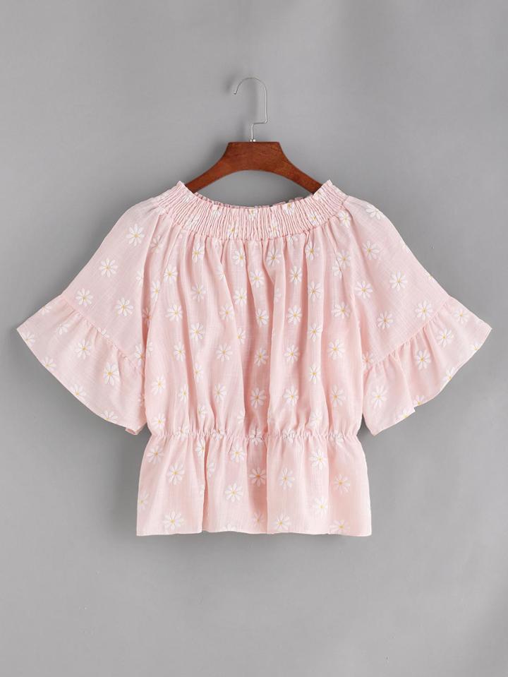 Shein Pink Florals Boat Neck Ruffle Sleeve Peplum Blouse