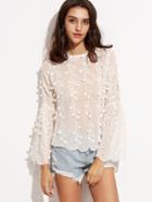 Shein White Flower Applique Bell Sleeve Lace Up V Back Top