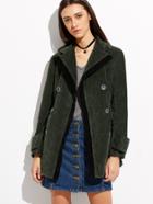 Shein Olive Green Contrast Trim Double Breasted Cord Coat