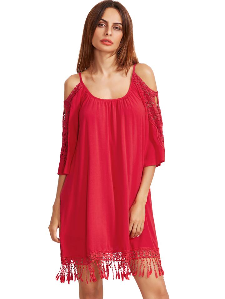 Shein Red Open Shoulder Crochet Lace Sleeve Tassel Dress