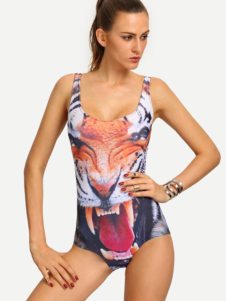 Shein Multicolor Tiger Head Print One-piece Swimwear