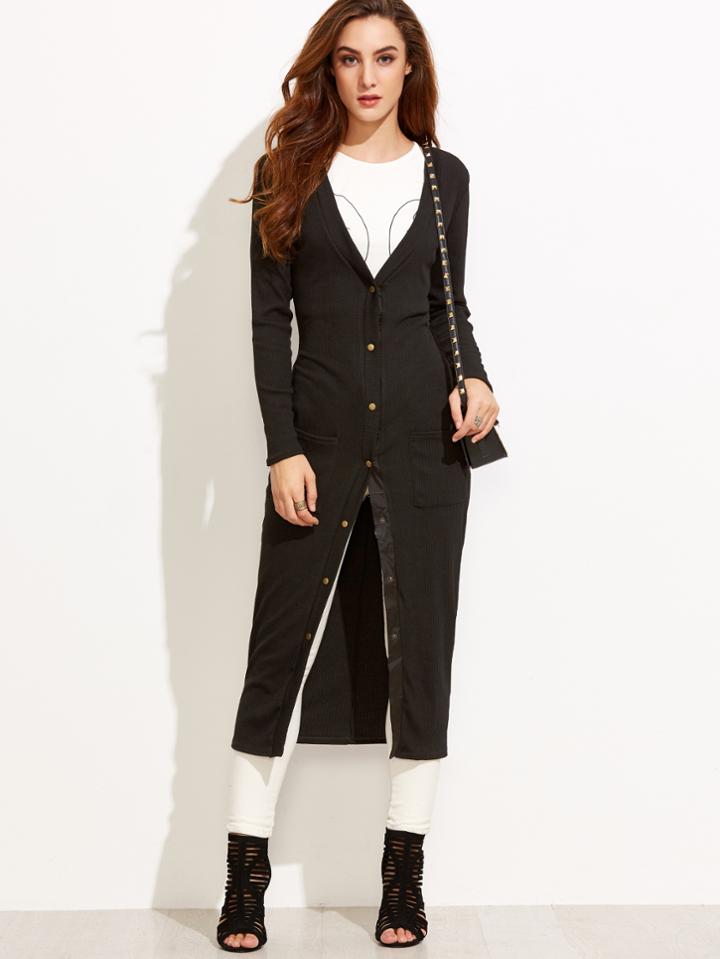 Shein Black Ribbed Single Breasted Long Coat