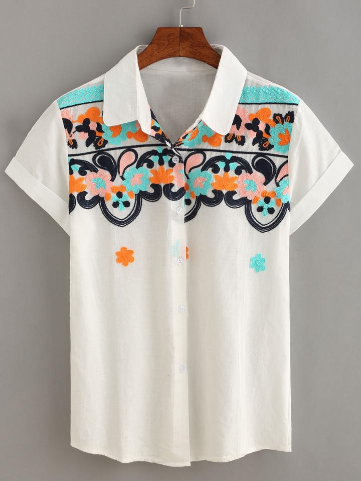 Shein Flower Embroidered Short Sleeve Blouse