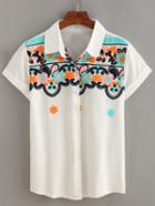 Shein Flower Embroidered Short Sleeve Blouse