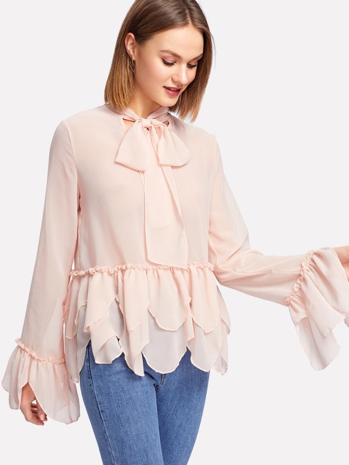 Shein Tie Neck Tiered Ruffle Trim Blouse