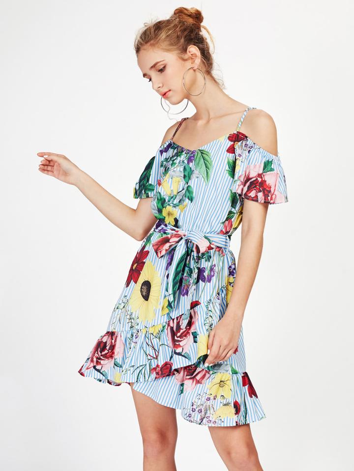 Shein Random Jungle Print Frill Hem Overlap Dress