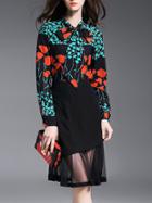 Shein Black Tie Neck Flowers Print Top With Sheer Skirt