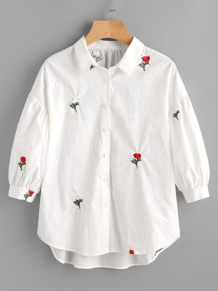 Shein Drop Shoulder Flower Embroidery Bishop Sleeve Blouse