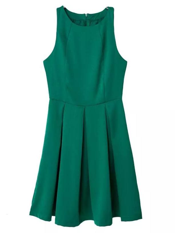 Shein Green Sleeveless Zipper Back Pleated Dress