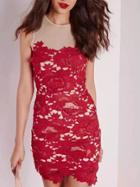 Shein Red Crew Neck Sleeveless Lace Bodycon Dress