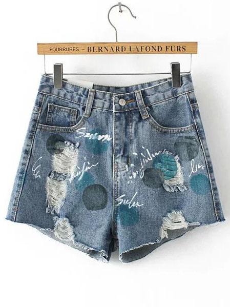 Shein Blue Pockets Letters Print Denim Shorts