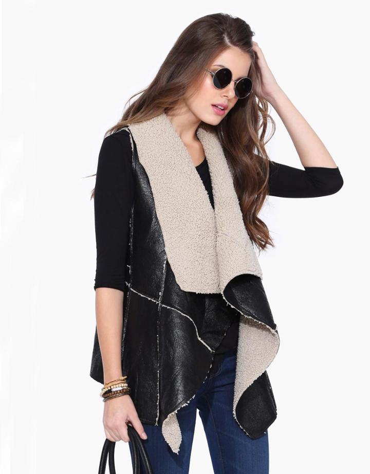Shein Black Sleeveless Contrast Apricot Lapel Outerwear