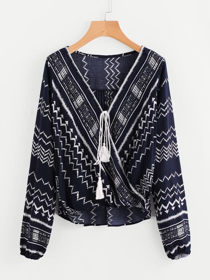 Shein Chevron Striped Tassel Tie Surplice Blouse