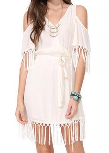 Rosewe Tassel Decorated Cold Shoulder White Mini Dress