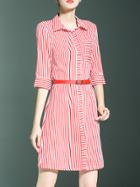 Shein Red White Striped Lapel Belted Dress