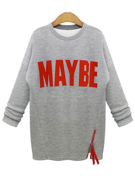 Shein Grey Round Neck Letters Print Zipper Plus Sweatshirt