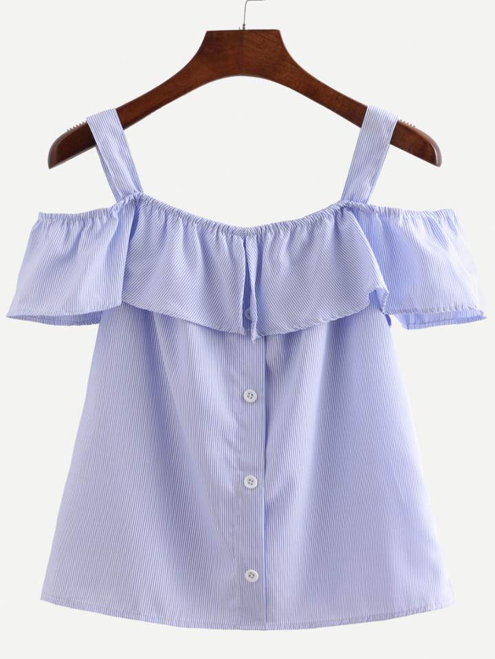 Shein Blue Straps Vertical Striped Ruffle Shirt