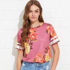 Shein Striped Sleeve Floral Tee