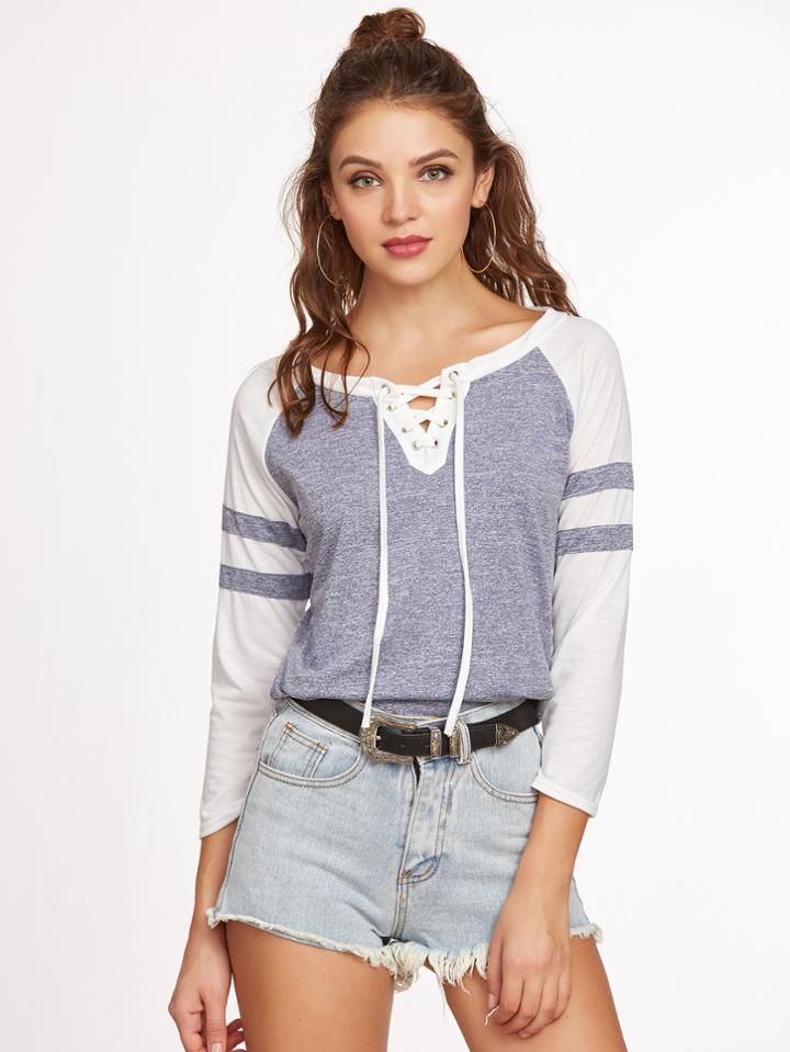 Shein Contrast Raglan Sleeve Lace Up Curved Hem T-shirt