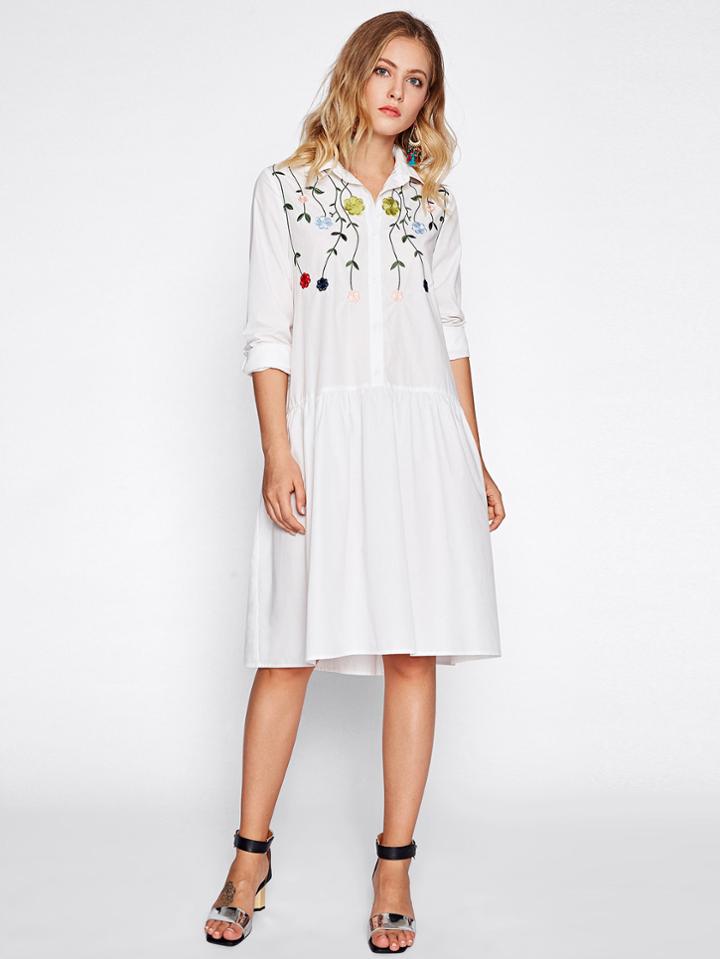 Shein Flower Embroidered Half Placket Smock Shirt Dress