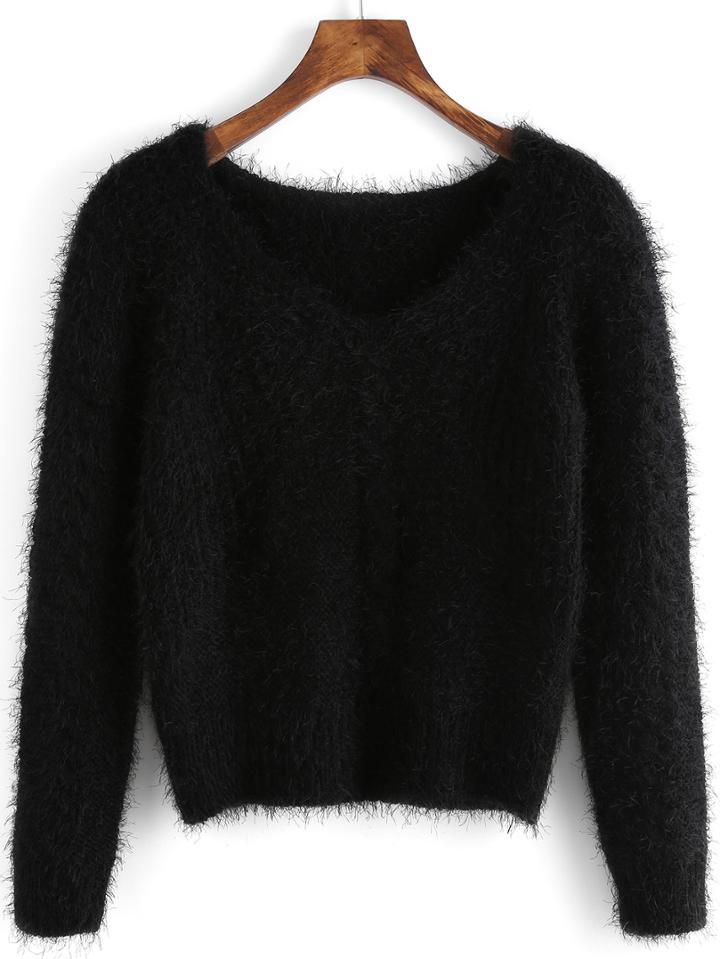 Shein Black V Neck Shaggy Crop Sweater