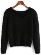 Shein Black V Neck Shaggy Crop Sweater