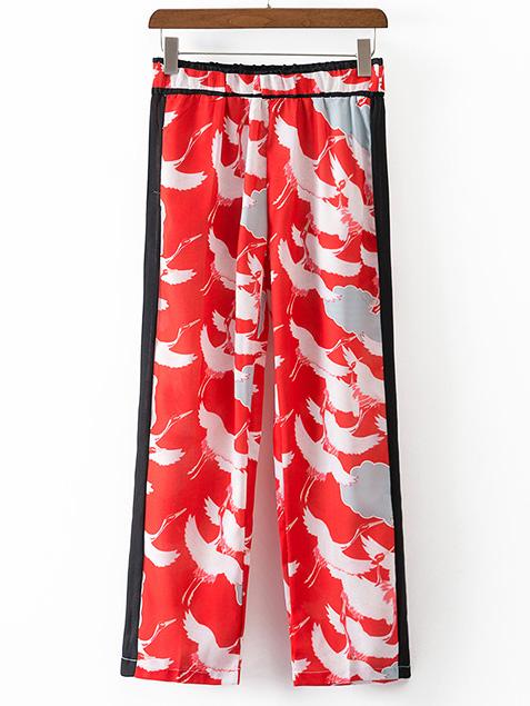 Shein Red Crane Printed Elastic Waist Shift Pants