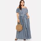 Shein Plus Button & Pocket Up Belted Striped Dress
