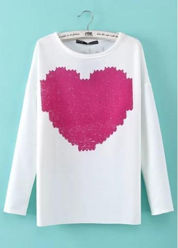Rosewe Enchanting Heart Print Long Sleeve White T Shirt