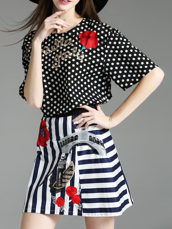 Shein Black Polka Dot Embroidered Sequined Top With Skirt