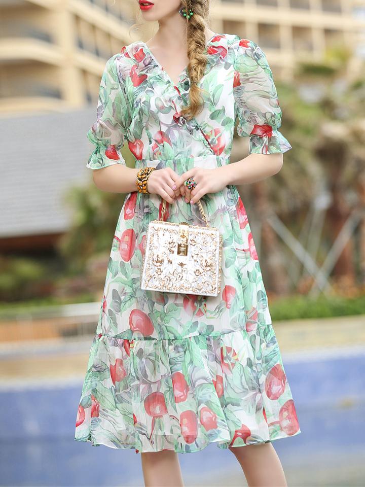 Shein V Neck Ruffle Apple Print Dress