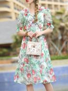 Shein V Neck Ruffle Apple Print Dress