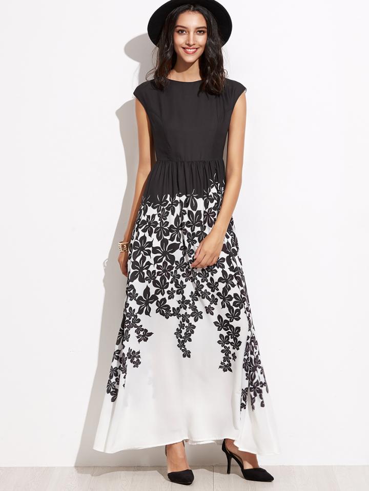 Shein Contrast Flower Print Cape Sleeve A Line Dress