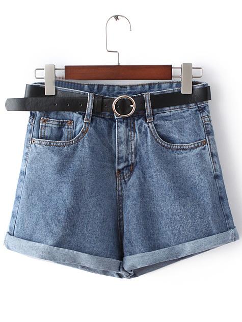 Shein Dark Blue Pockets Roll Cuff Denim Shorts With Belt