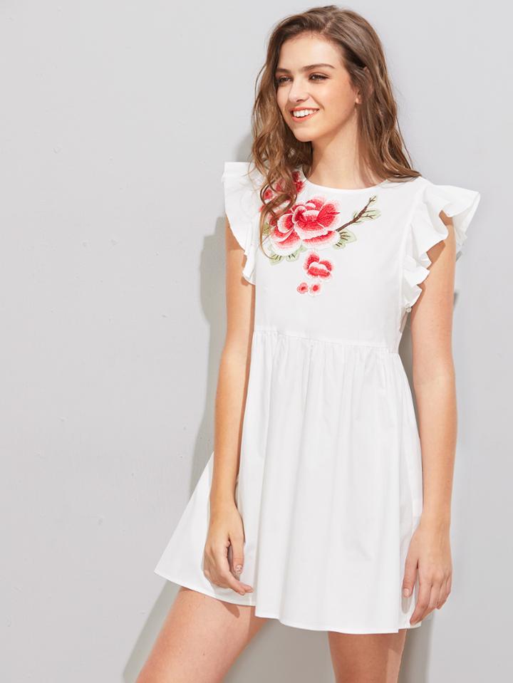 Shein Flower Patch Flutter Sleeve Smock Dress
