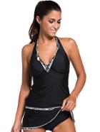 Shein Black Contrast Trim Halter Tankini With Skort