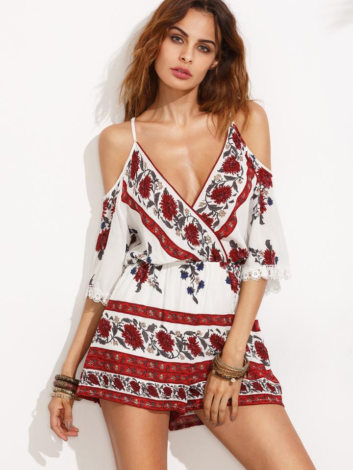 Shein Multicolor Print Cold Shoulder V Neck Jumpsuit