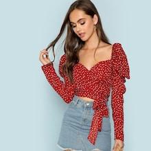 Shein Knot Polka Dot Print Top