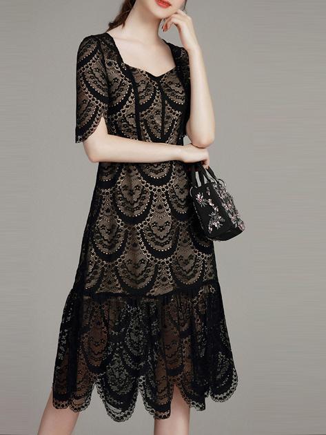 Shein Black Boat Neck Sheer Mesh Dress