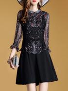 Shein Black Flowers Print Contrast Crochet Dress